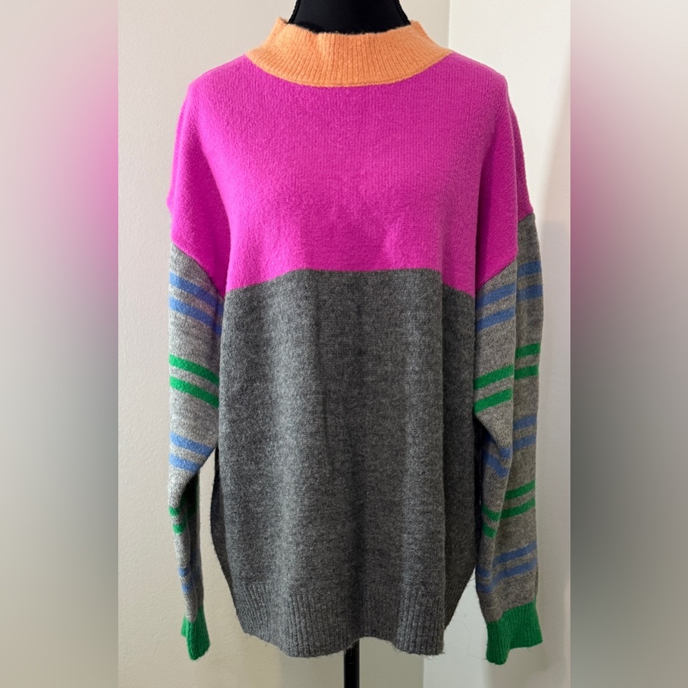 First Love by Lovelyn Pink Grey‎ Colorblock Striped Mock Neck Sweater M